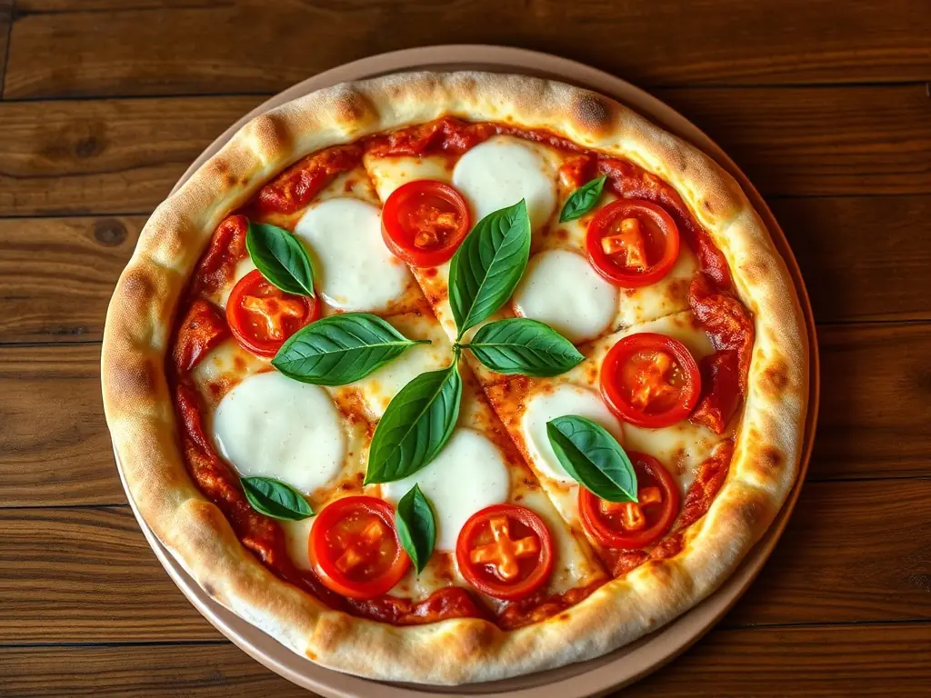 A vibrant, overhead shot of a classic Margherita pizza with fresh basil leaves and melted mozzarella, showcasing its simplicity and freshness.