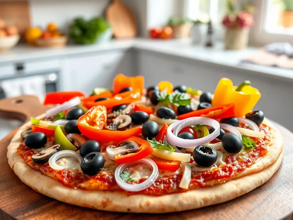 An enticing image of a vegetarian pizza at Pizzaiolo, showcasing a colorful array of fresh vegetables, including bell peppers, mushrooms, onions, and olives, on a bed of melted cheese and tomato sauce.