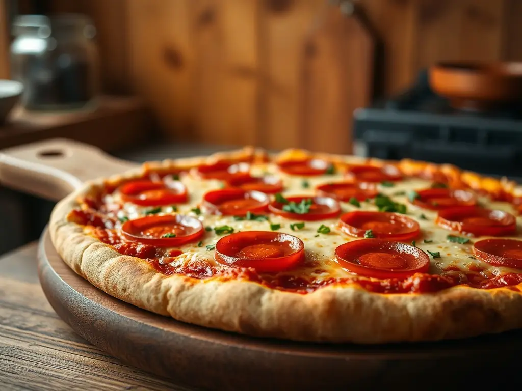 A close-up image of a pepperoni pizza with melted cheese and crispy pepperoni slices, highlighting its savory and comforting appeal.