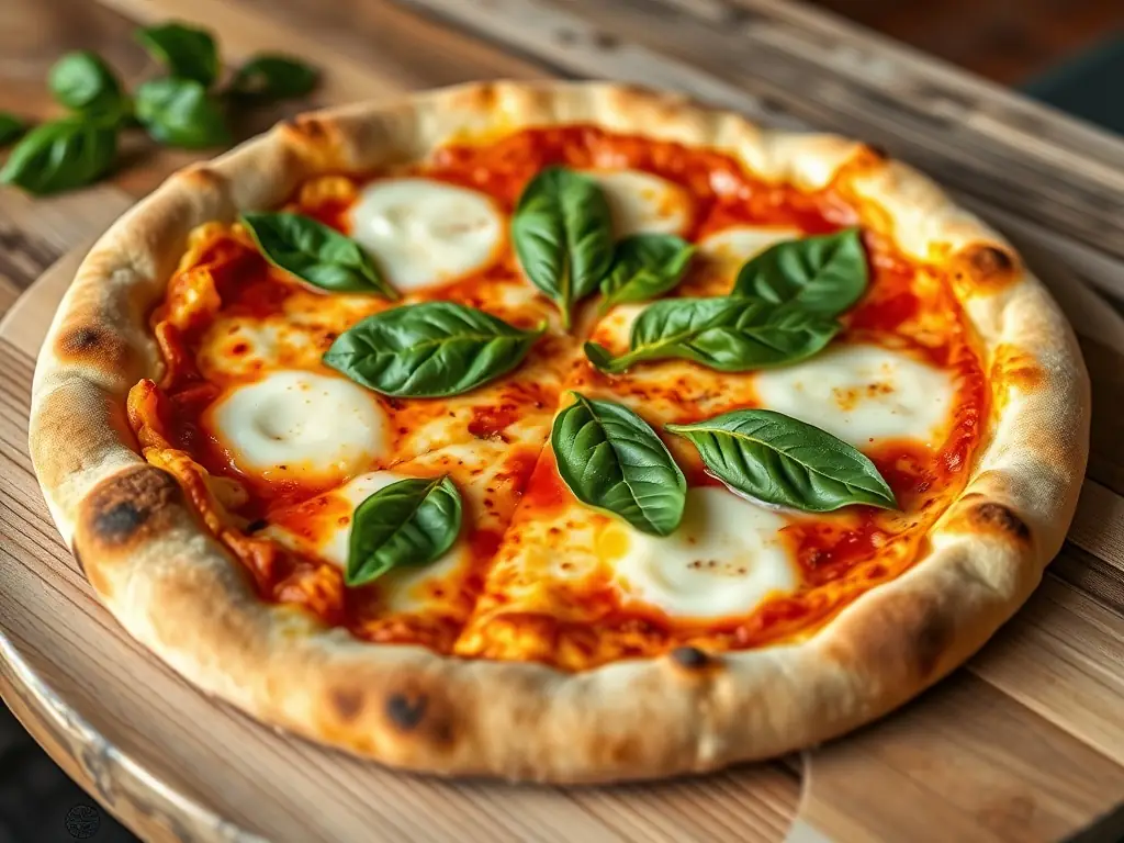 A vibrant, overhead shot of a Margherita pizza at Pizzaiolo, showcasing its fresh basil, ripe tomatoes, and melted mozzarella on a perfectly crisp crust, set in a warm, inviting restaurant ambiance.