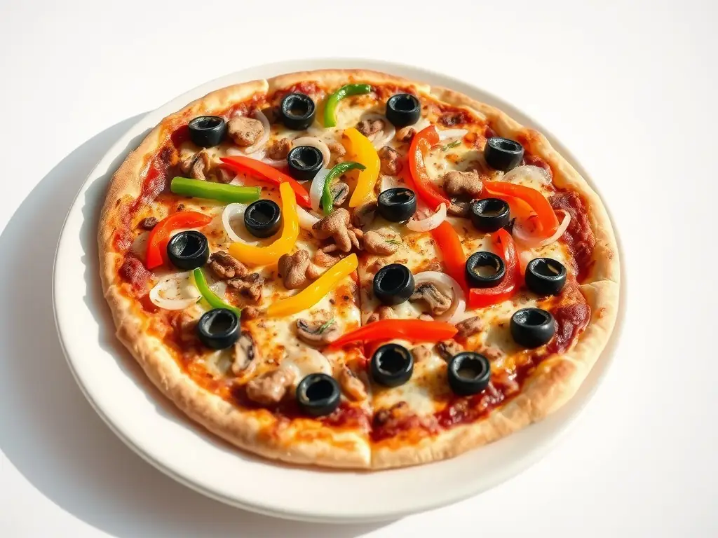 A beautifully styled image of a vegetarian pizza with colorful vegetables like bell peppers, mushrooms, and olives, showcasing its healthy and flavorful ingredients.