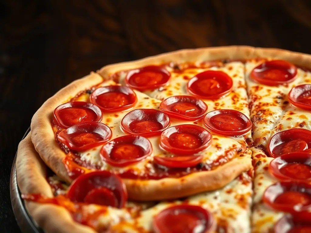 A close-up image of a pepperoni pizza at Pizzaiolo, highlighting the crispy pepperoni slices, melted cheese, and a hint of oregano, presented on a rustic wooden board.